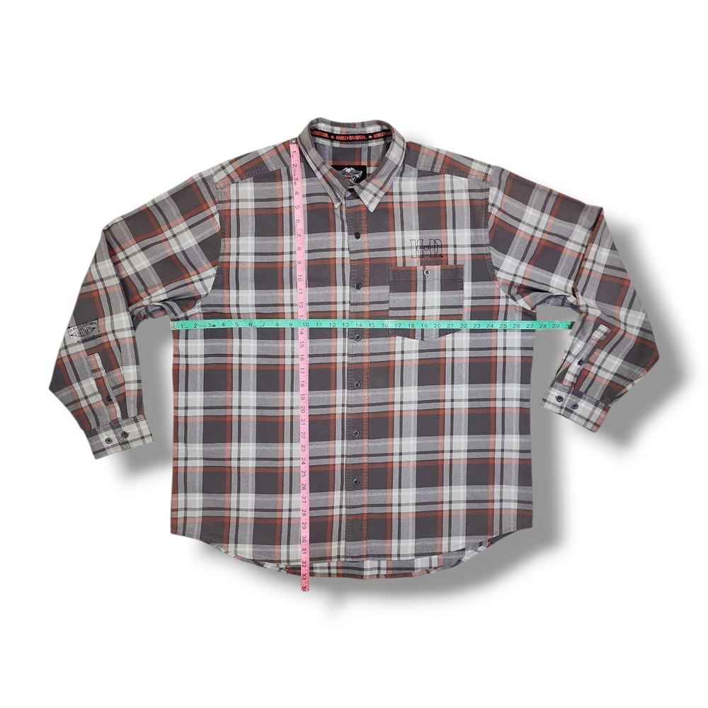 Harley Davidson Motorclothes Grey/Orange Plaid Button Down Long Sleeve Men's 2XL - Picture 2 of 16